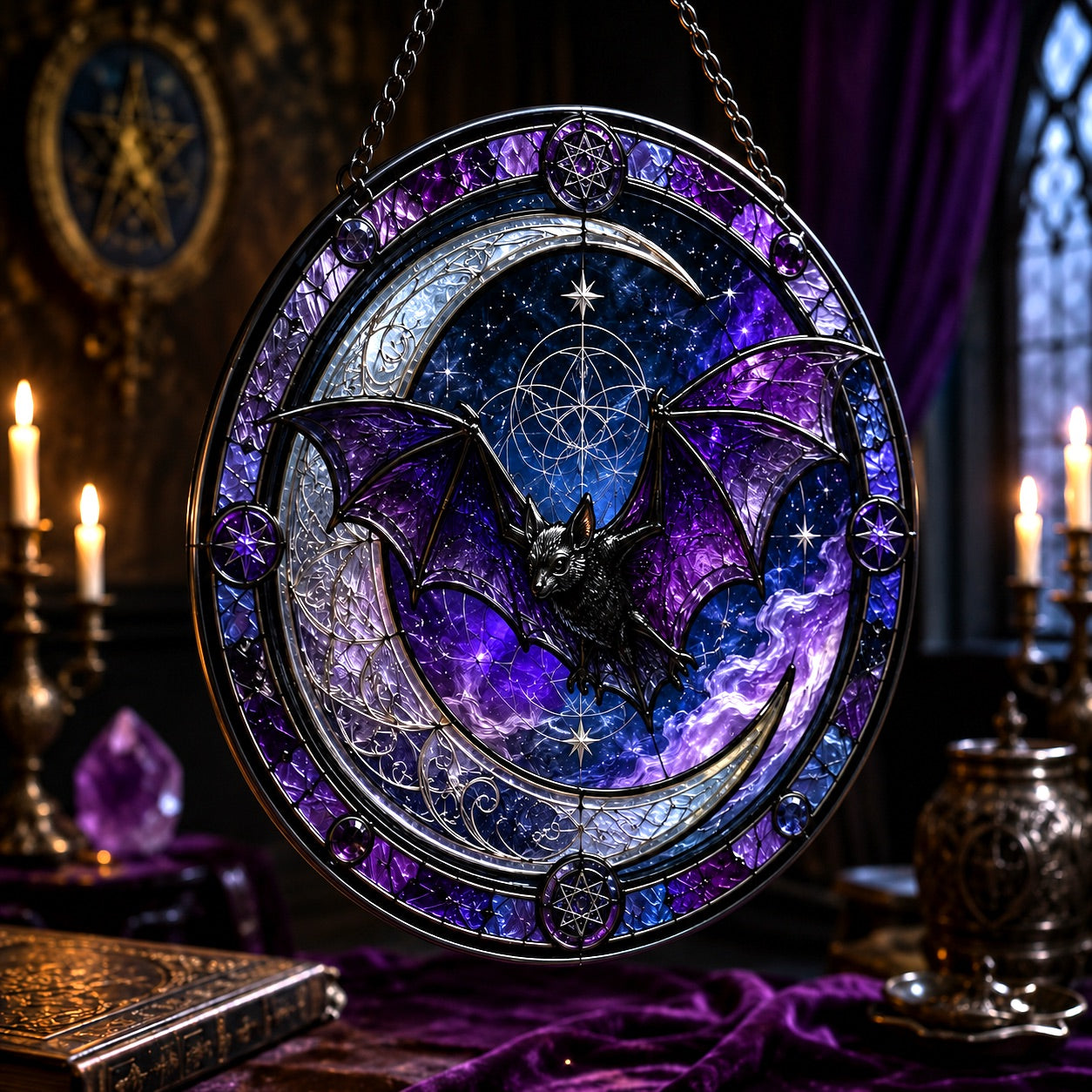 Bat Crescent Moon Glass Suncatcher - close up detail