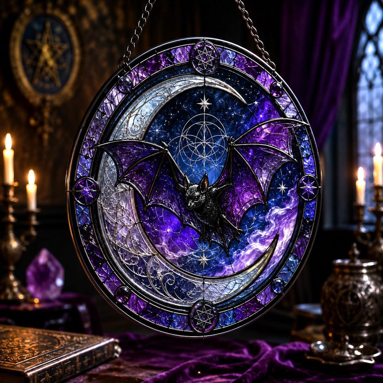 Bat Crescent Moon Glass Suncatcher - close up detail