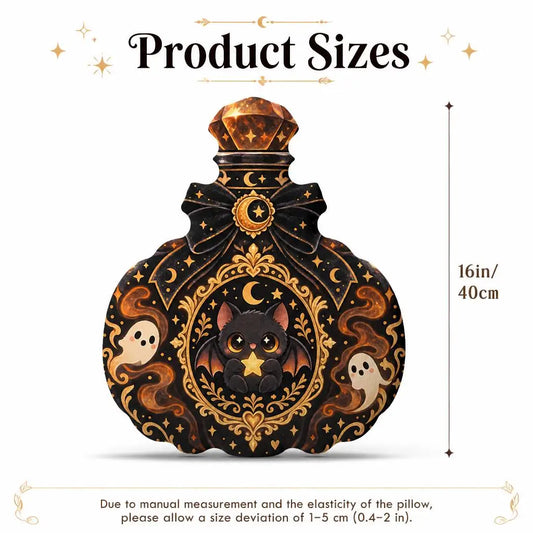 Size guide showing 16 inch / 40 cm: decorative plush pillow featuring potion bottle with bat and ghost imagery