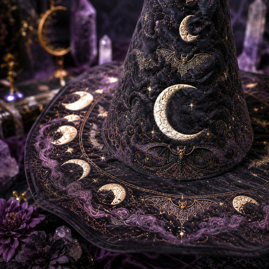Bat Moon Gothic Witch Hat – Celestial Halloween Wide Brim Hat – held in both hands