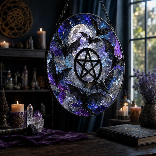 Bat Swarm Pentacle Glass Suncatcher - hanging view