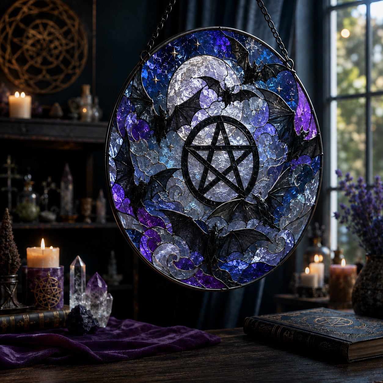 Bat Swarm Pentacle Glass Suncatcher - close up detail