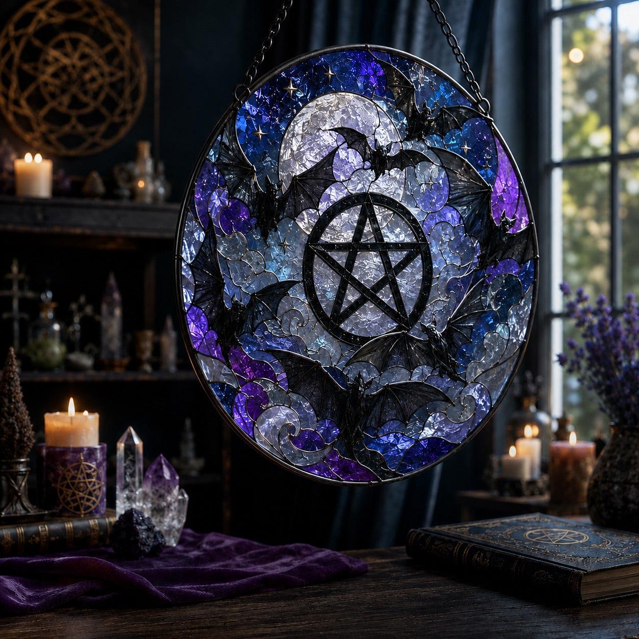 Bat Swarm Pentacle Glass Suncatcher - close up detail