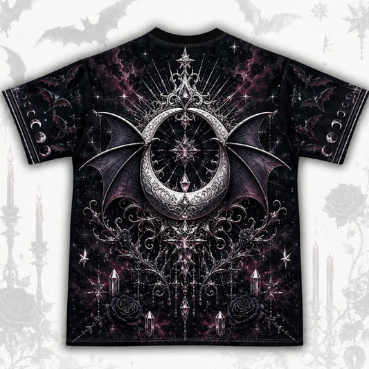 Bat Wing Witch T-Shirt Full Moon Candle Plum Gothic Vampire Tee back view