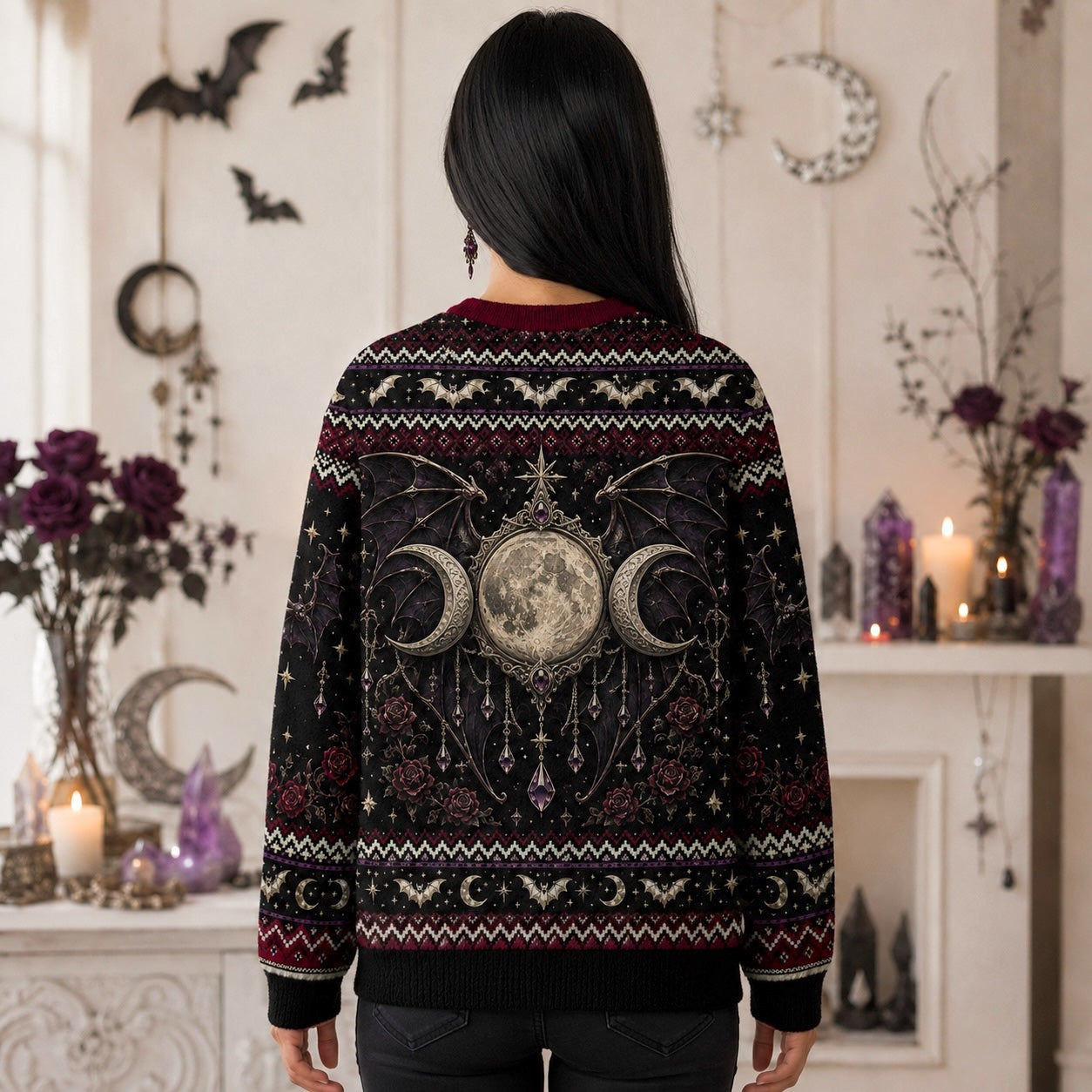 Bat Wing Witch Sweater Triple Moon Gothic Vampire Knit Jumper worn, back view