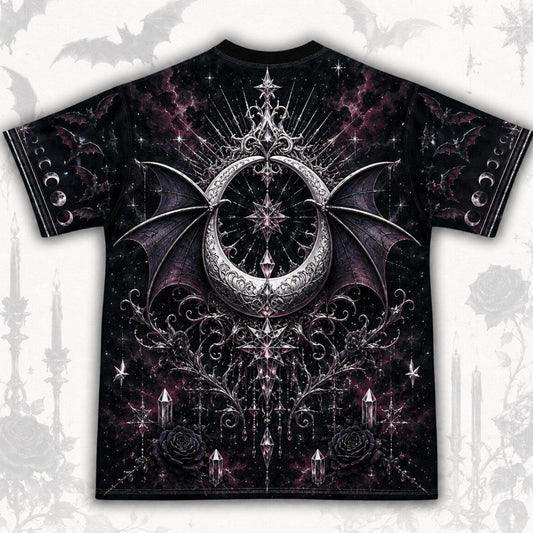 Bat Wing Witch T-Shirt Full Moon Candle Plum Gothic Vampire Tee back view