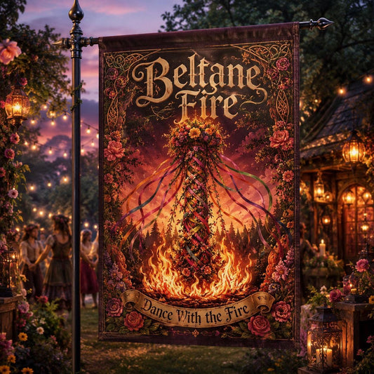 Beltane Fire house flag with Dance with the Fire Maypole pagan design