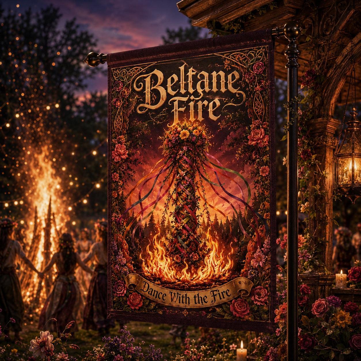 Close-up of Beltane Fire house flag showing maypole artwork