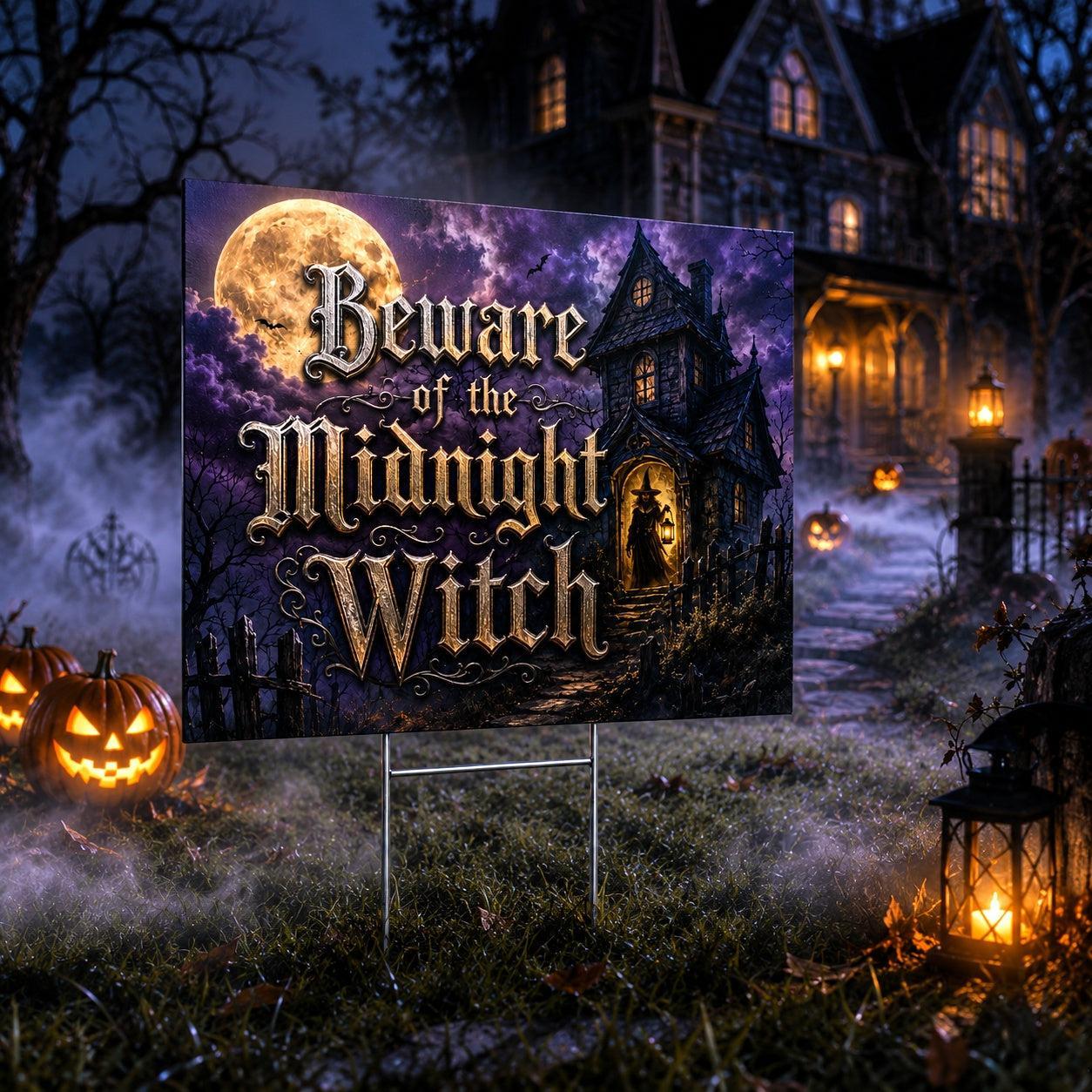 Beware Midnight Witch Halloween Gothic Yard Sign - porch scene