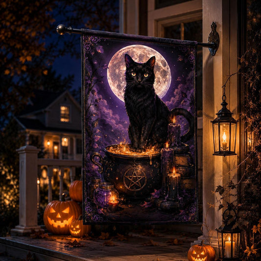 Close-up of Black Cat Cauldron house flag showing cauldron and pentacle artwork