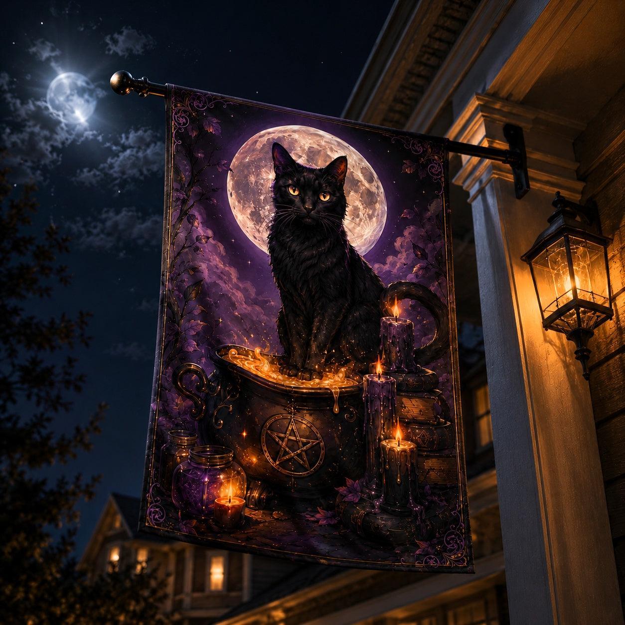 Black Cat Cauldron house flag mockup hanging outdoors as pagan decor