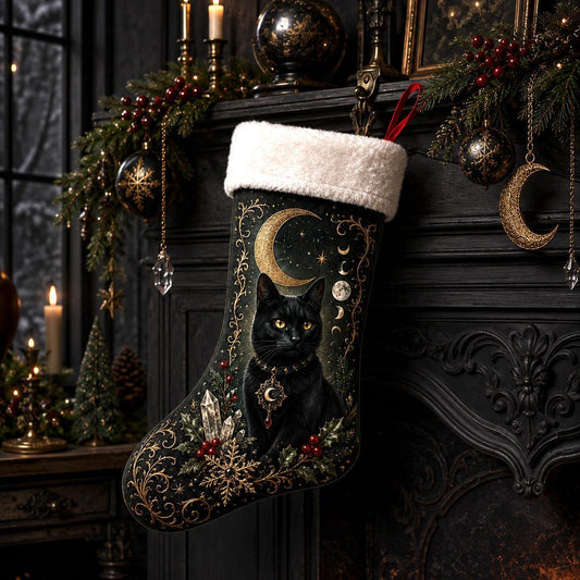 Black Cat Crescent Christmas Stocking Witchy Yule Cat Decor