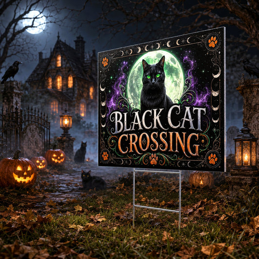 Black Cat Crossing on Halloween Night Yard Sign - garden display