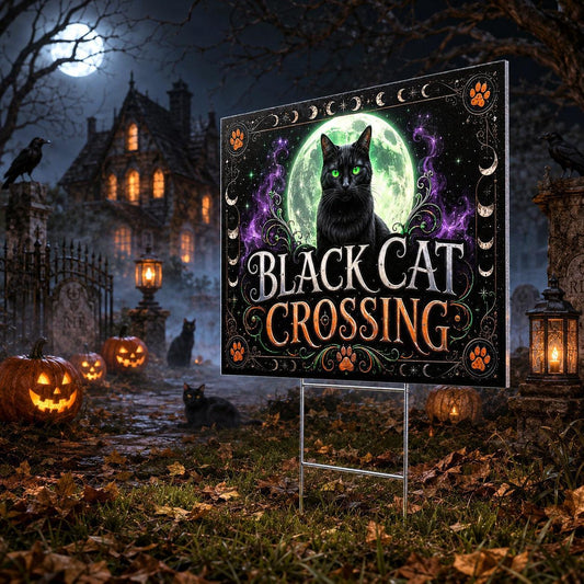 Black Cat Crossing on Halloween Night Yard Sign - garden display