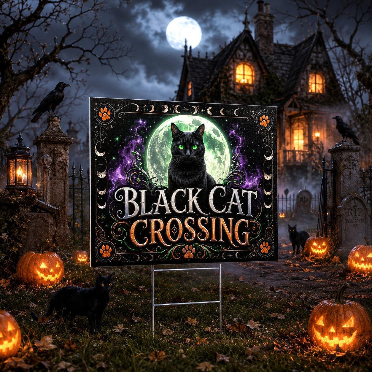 Black Cat Crossing on Halloween Night Yard Sign - porch scene