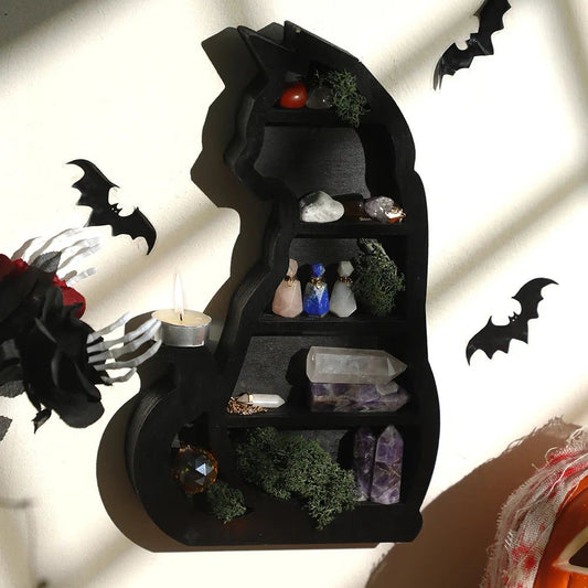Black Cat Crystal Shelf Witchy Wooden Shelf-MoonChildWorld