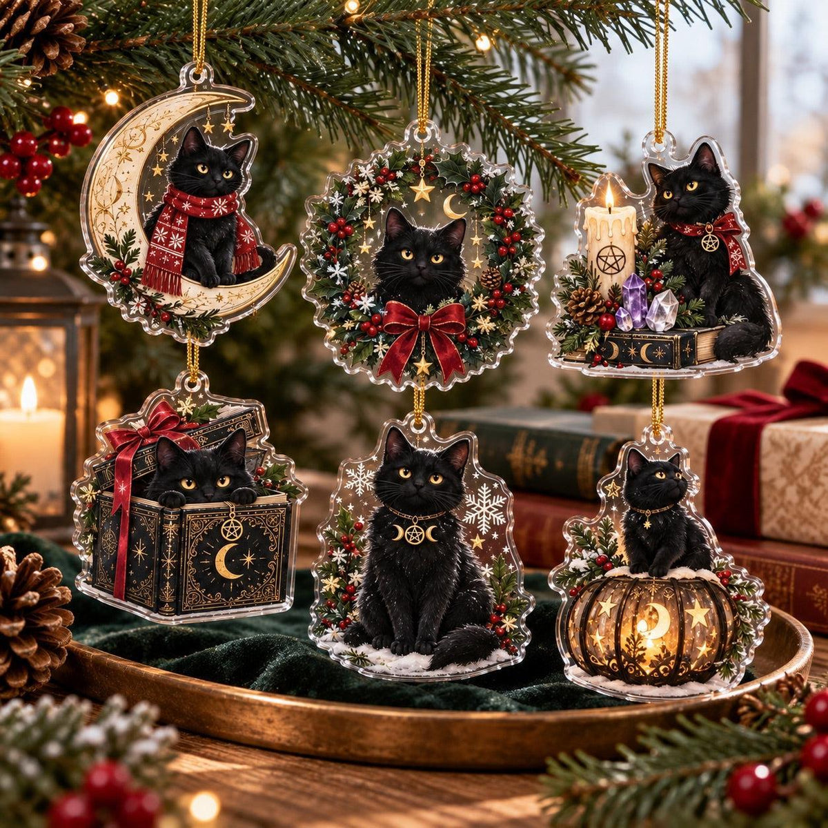 Black Cat Familiar Yule Acrylic Ornament Set – Witchy Christmas Decor – set of 6, another view
