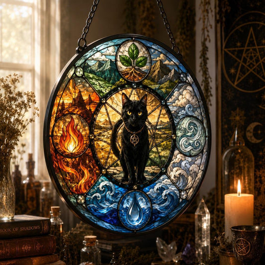 Black Cat Four Elements Glass Suncatcher - hanging view
