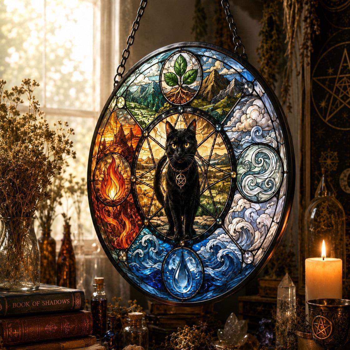 Black Cat Four Elements Glass Suncatcher - close up detail