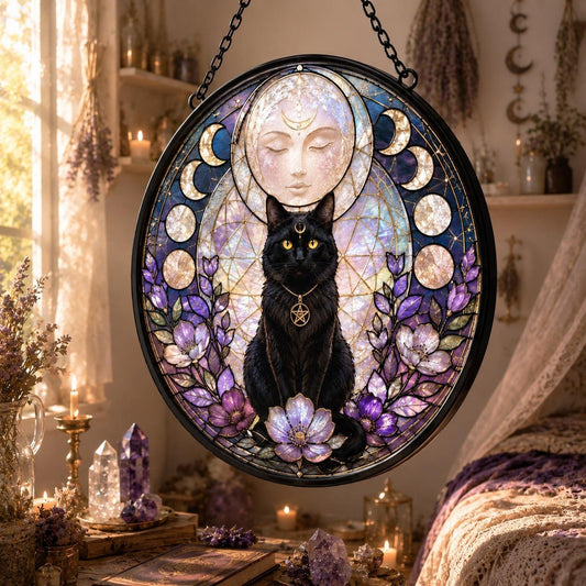 Black Cat Goddess Moon Glass Suncatcher - hanging view