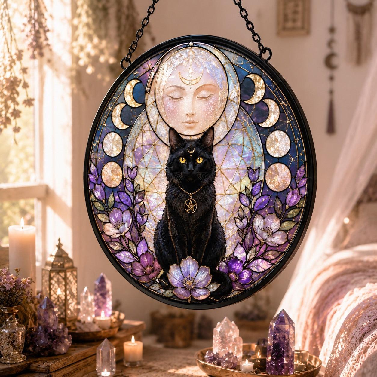 Black Cat Goddess Moon Glass Suncatcher - close up detail