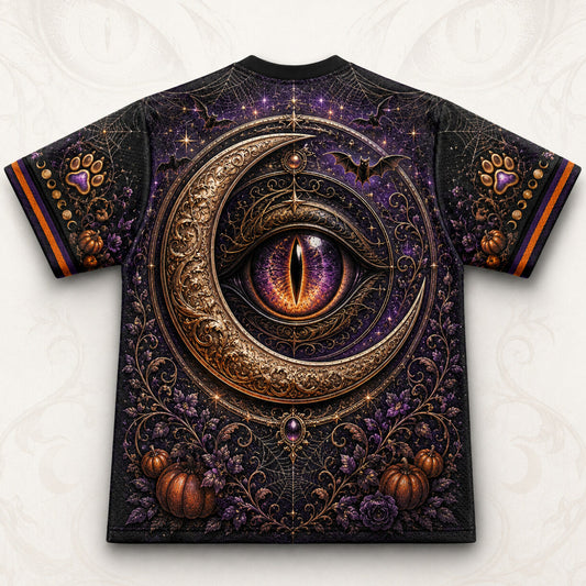 Black Cat Gold Crescent T-Shirt Cat Eye Pumpkin Purple Tee back view