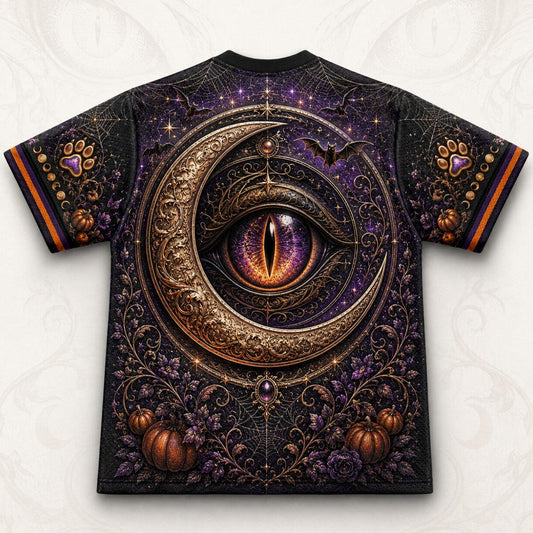 Black Cat Gold Crescent T-Shirt Cat Eye Pumpkin Purple Tee back view