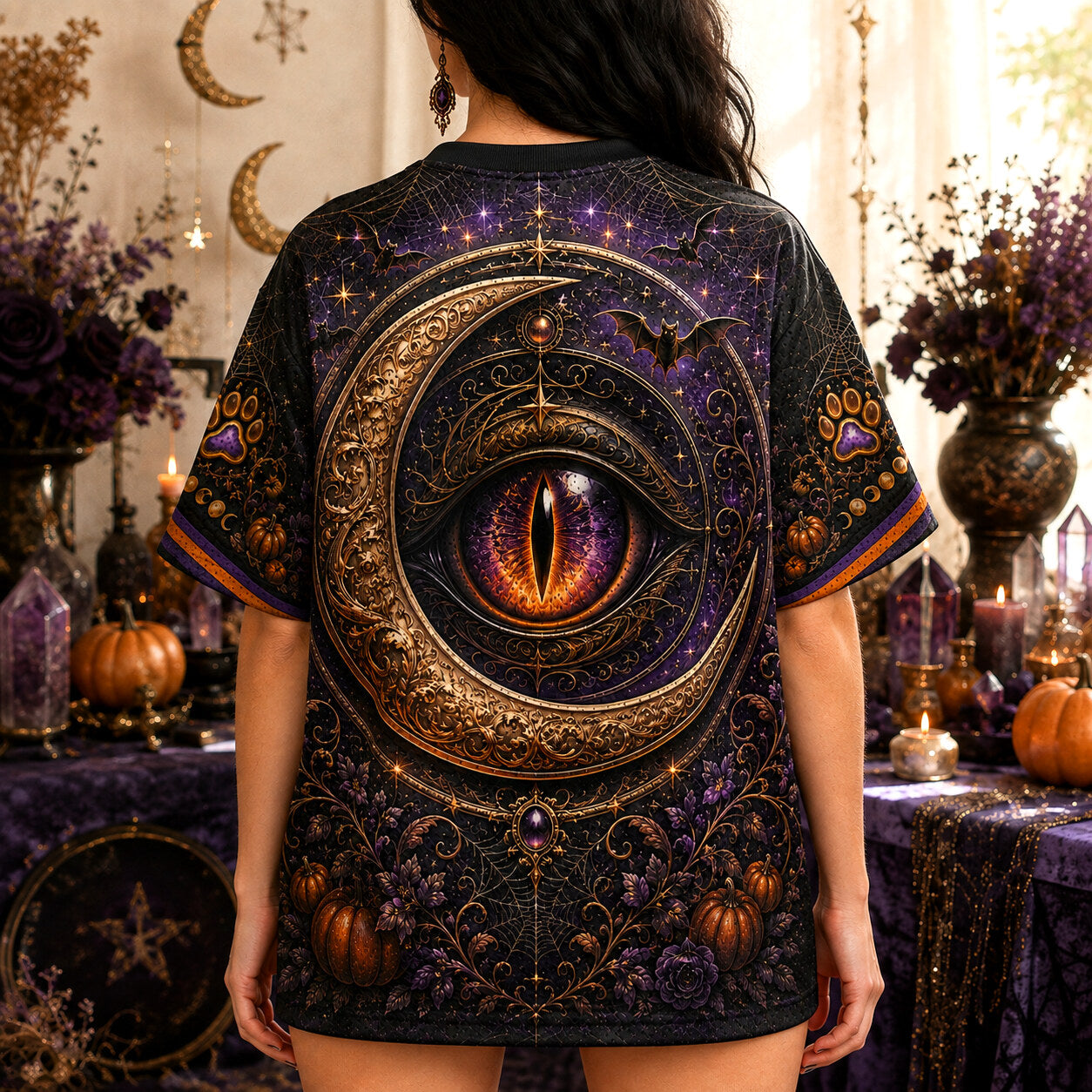 Black Cat Gold Crescent T-Shirt Cat Eye Pumpkin Purple Tee worn, back view