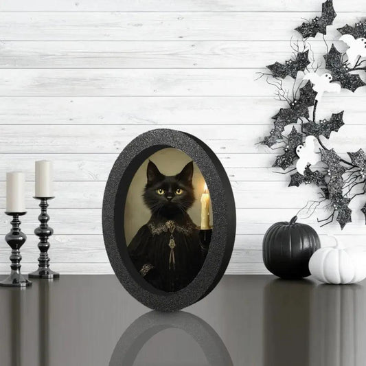 Black Cat Gothic Wooden Oval Frame - Mystical Cat Oval Wall Art for Halloween Wall Decoration-MoonChildWorld
