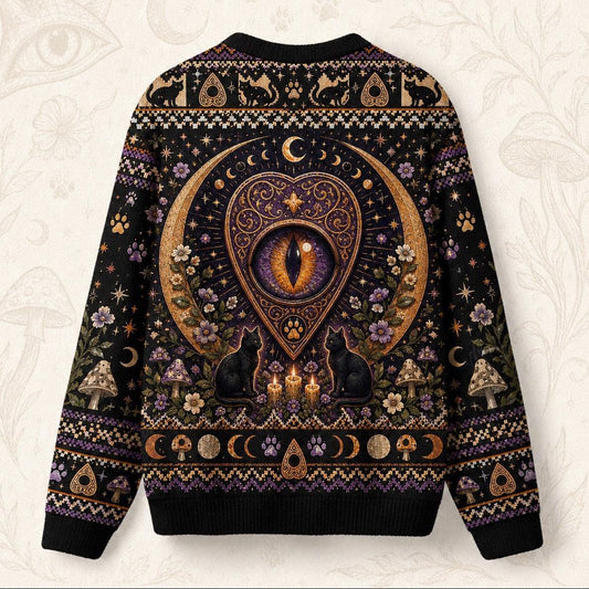 Black Cat Grimoire Sweater Planchette Cat Eye Gold Knit back view