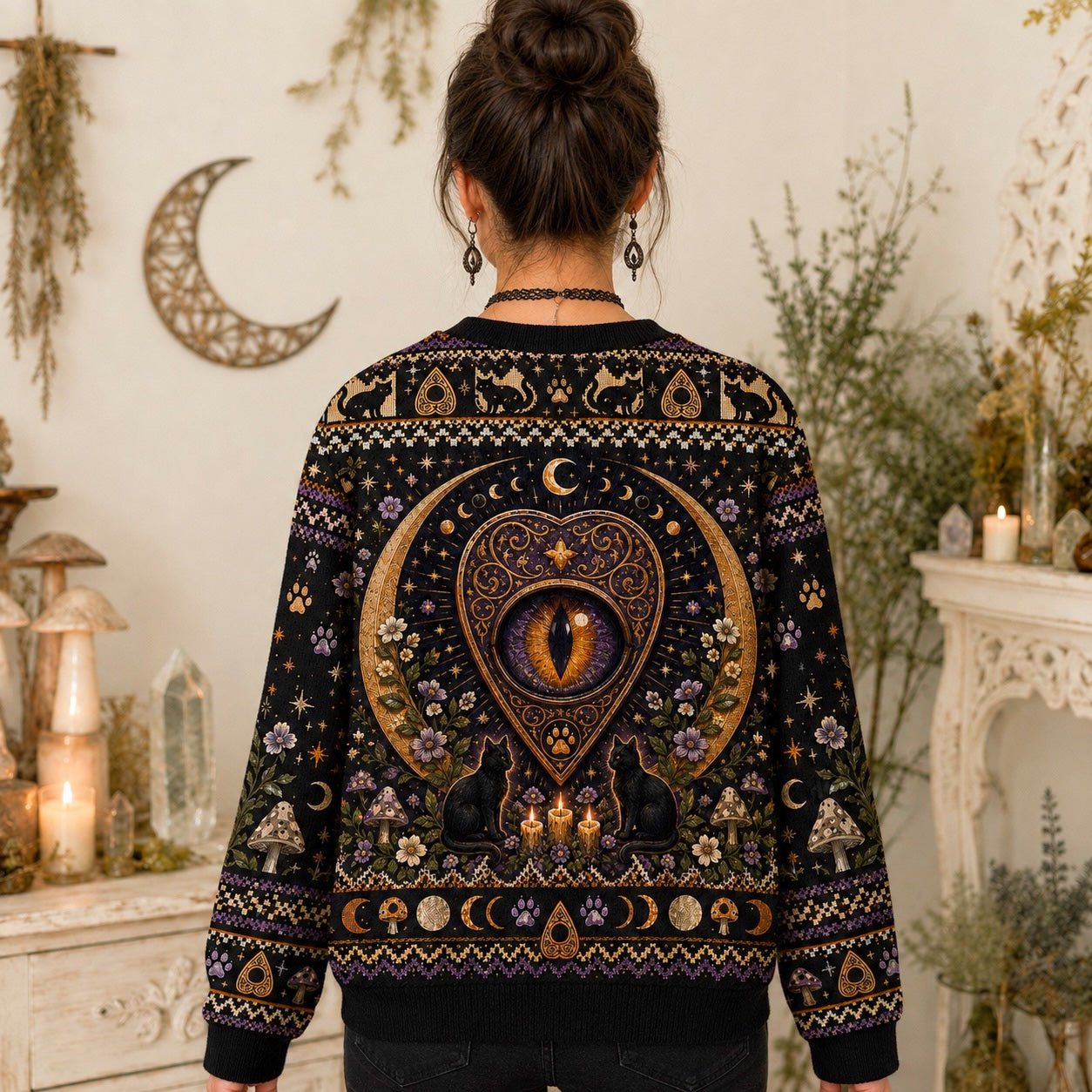 Black Cat Grimoire Sweater Planchette Cat Eye Gold Knit worn, back view