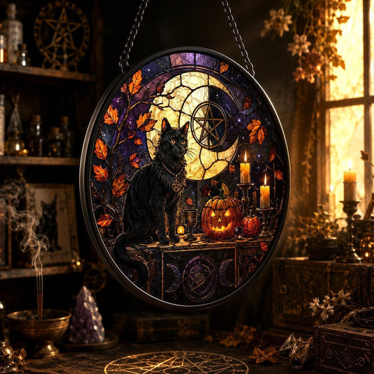 Black Cat Halloween Altar Glass Suncatcher - hanging view