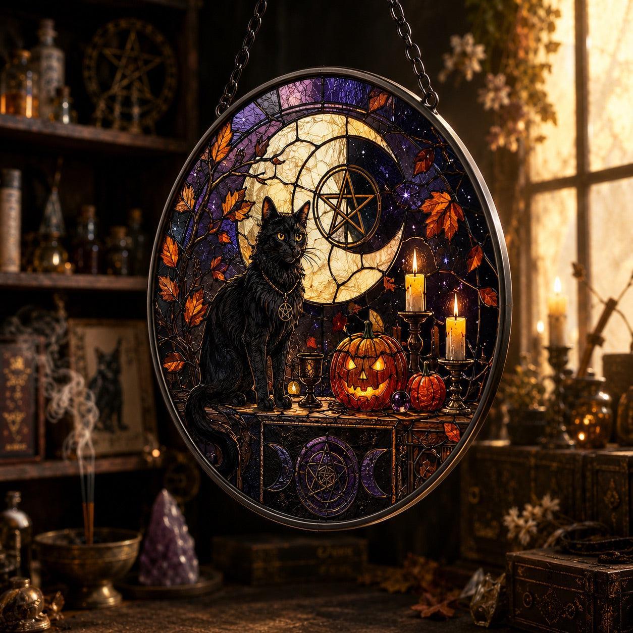 Black Cat Halloween Altar Glass Suncatcher - close up detail
