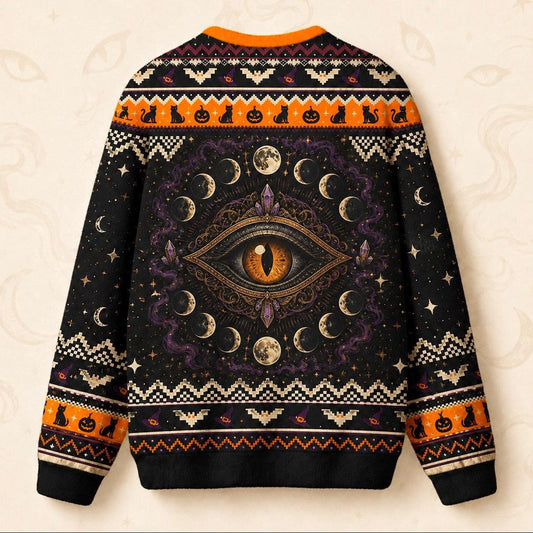 Black Cat Sweater Crescent Moon Cat Eye Halloween Knit Jumper back view