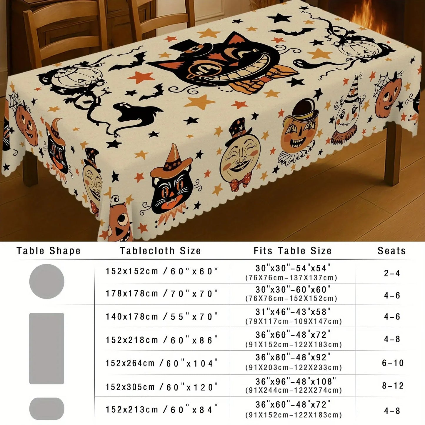 Black cat Halloween tablecloth with pumpkin ghost and bat decor