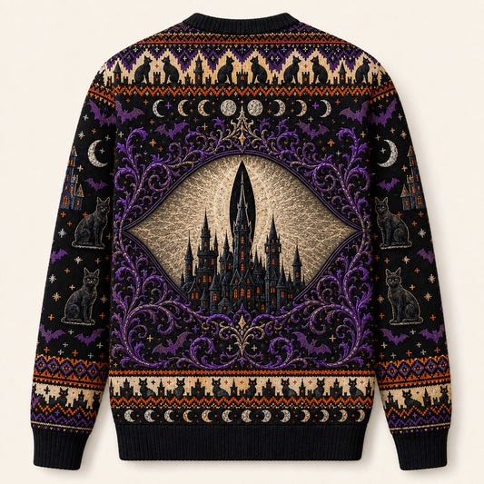 Black Cat Headstone Sweater Castle Gothic Purple Samhain Knit back view
