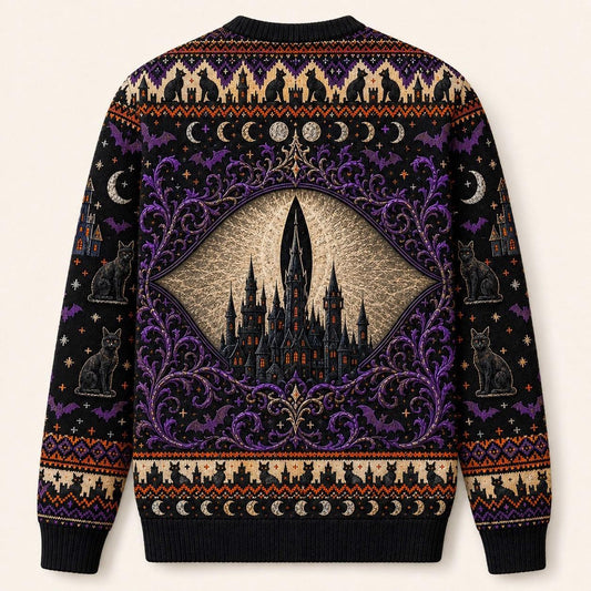 Black Cat Headstone Sweater Castle Gothic Purple Samhain Knit back view