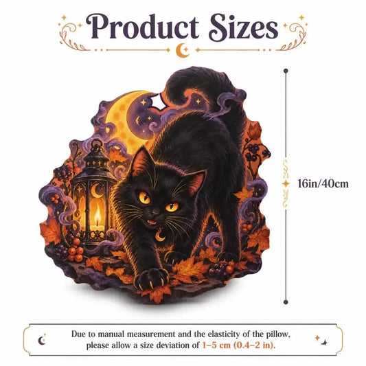 Size guide showing 16 inch / 40 cm: decorative plush pillow featuring black cat with crescent moon and lantern imagery