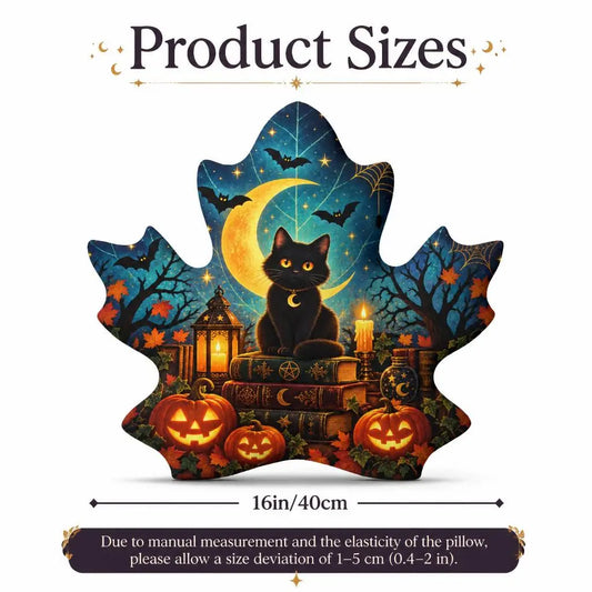 Size guide showing 16 inch / 40 cm: decorative plush pillow featuring maple leaf with black cat, moon and pumpkin artwork