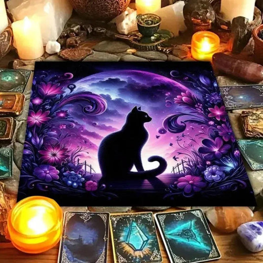 Black Cat Moon Witchy Tarot Tablecloth Wicca Altar Cloth for Witchcraft Divination-MoonChildWorld