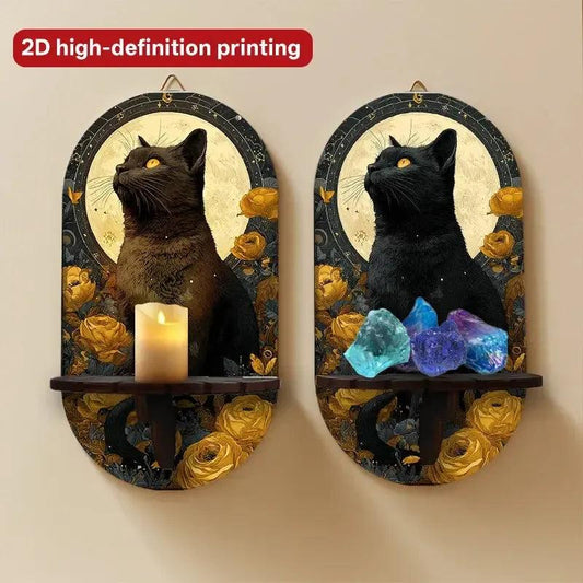 Black Cat Moonlight Floating Shelves Witchy Decorative Wall Shelf Pagan Altar Decor-MoonChildWorld