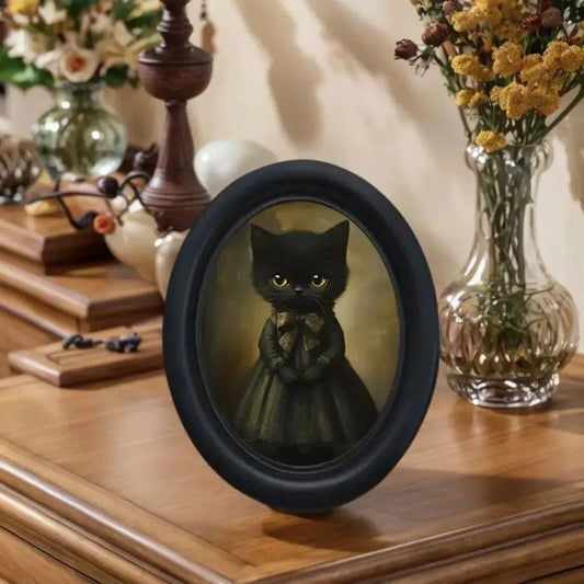 Black Cat Oval Frame Wall Decoration Dark Academy Style Gothic Wall Ornament for Cat Lovers-MoonChildWorld