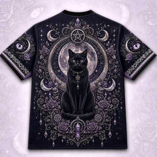 Black Cat Pentacle Witch T-Shirt Crescent Amethyst Lilac Tee back view