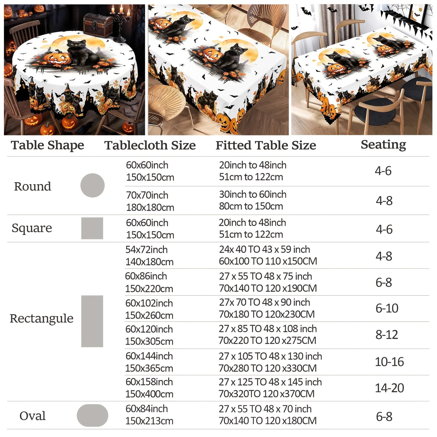 Black cat pumpkin Halloween tablecloth with whimsical bat decor