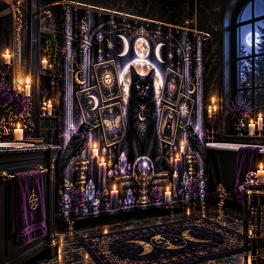 A dark, gothic-themed bathroom scene featuring a large shower curtain with a black cat, moon phases, tarot cards, crystals, and purple roses. The room is decorated with candles, a matching purple towel, and a dark patterned rug.