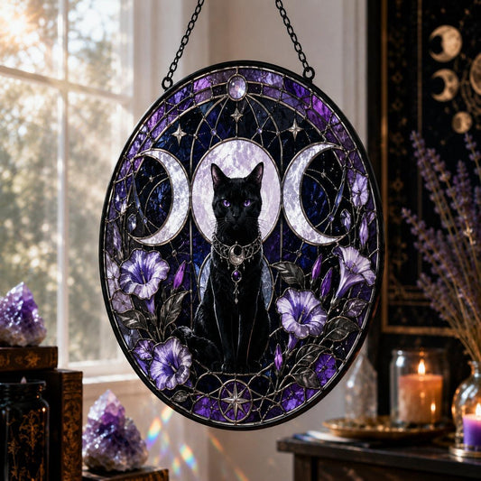 Black Cat Triple Moon Glass Suncatcher - hanging view