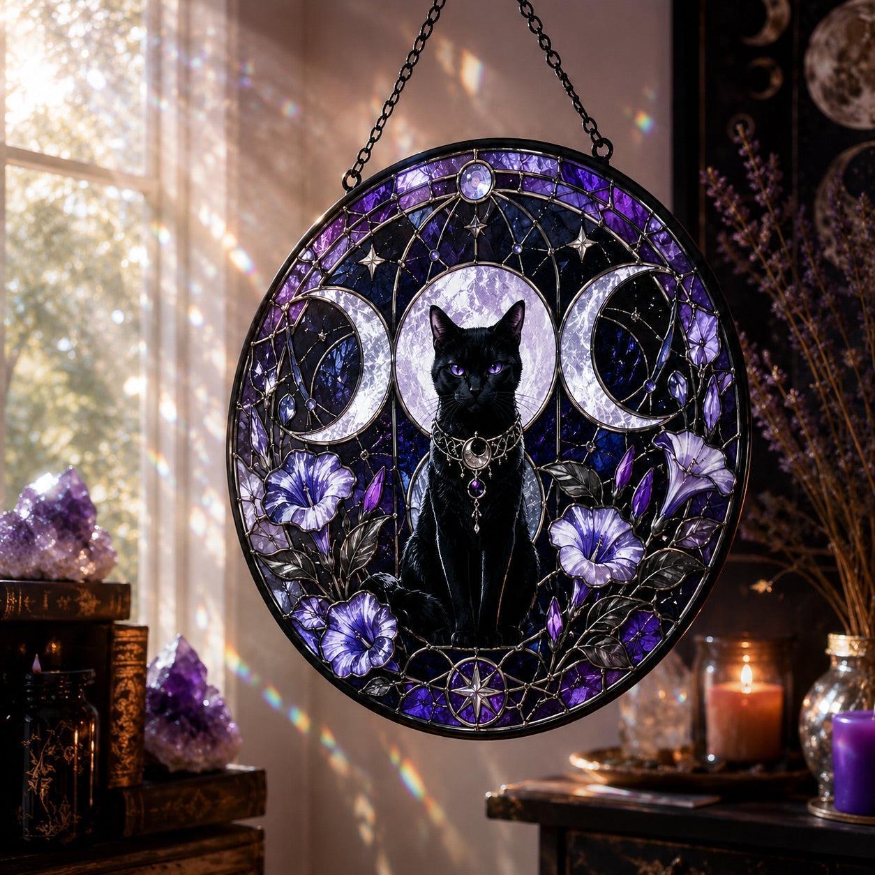 Black Cat Triple Moon Glass Suncatcher - close up detail