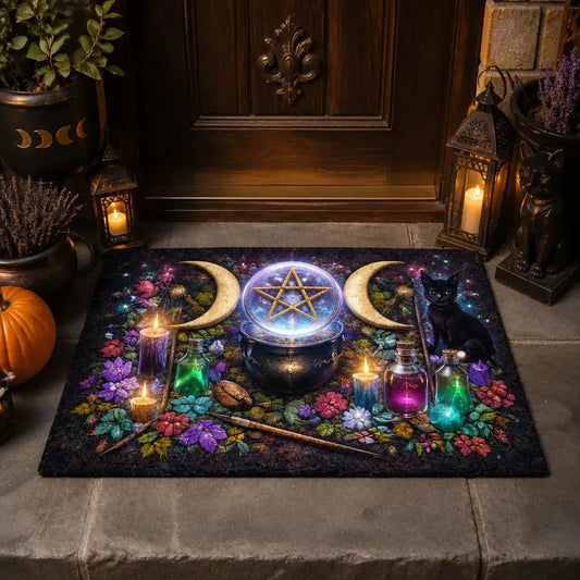 Black Cat & Triple Moon Witchy Doormat – Occult Pagan Welcome Mat_mockup_1.webp