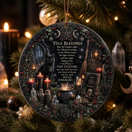 Black Cat Wicca Christmas Ceramic Ornament – Gothic Halloween Christmas Tree Decor_mockup_1.webp