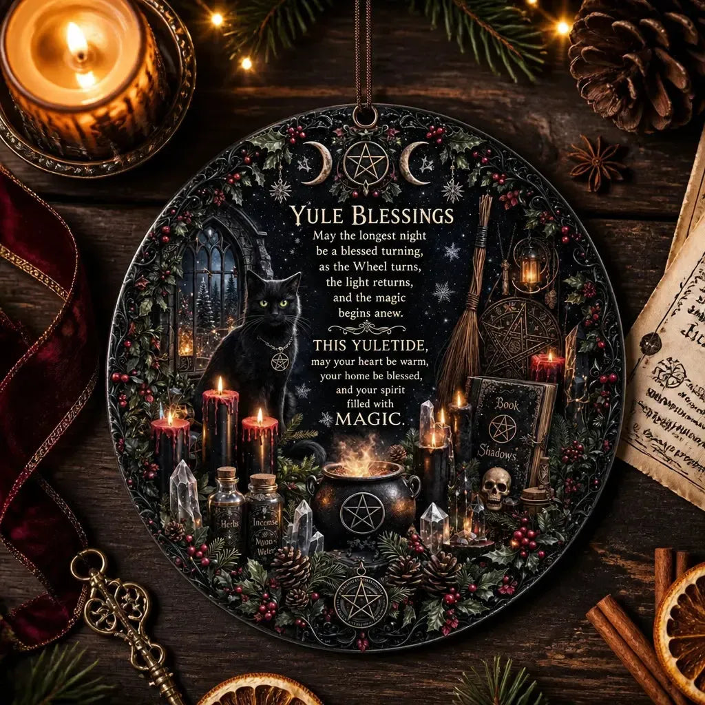 Black Cat Wicca Christmas Ceramic Ornament – Gothic Halloween Christmas Tree Decor_mockup_3.webp